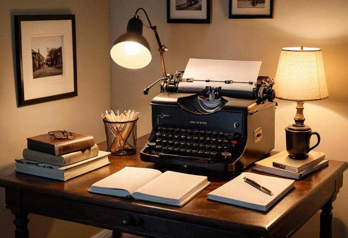 A chic, cozy writing nook with a vintage typewriter, scattered notebooks filled with ideas, and a soft glow from a nearby lamp. Subtle hints of NSFW-themed art adorn the walls, adding an intriguing edge. A steaming cup of coffee rests beside the typewriter, inviting creativity. The atmosphere should exude warmth and inspiration. super-realistic. vibrant colors. warm lighting.