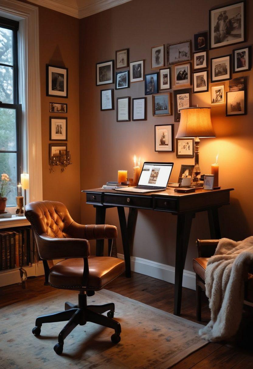 A visually engaging workspace featuring a creative writing desk with an open laptop displaying captivating adult content, surrounded by mood-setting candles and erotic literature. Include soft lighting and a plush chair, evoking a cozy yet titillating atmosphere. Elements like sultry artwork or abstract expressions on the walls enhance the theme. super-realistic. warm tones. intimate setting.
